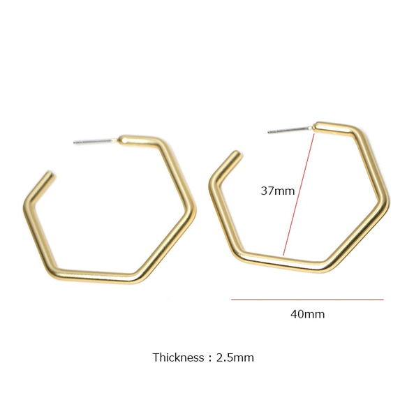 新作【1對】鈦芯！約37毫米六角形耳環，配件泥金色大 第4張的照片