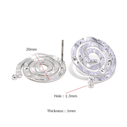 新作【1ペア】チタン芯！凹凸ある渦巻きサークルモチーフ光沢シルバーカン付きピアス、パーツ 3枚目の画像