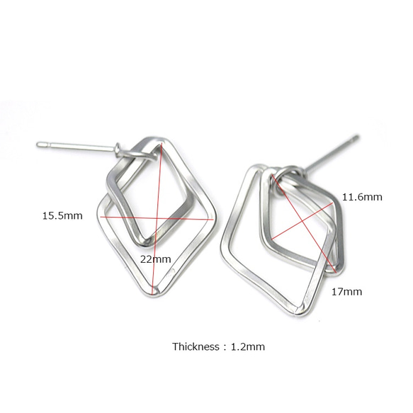 新作【1ペア】チタン芯！不規則＆重なった丸みあるDouble Diamondマッドシルバーピアス、パーツ 3枚目の画像