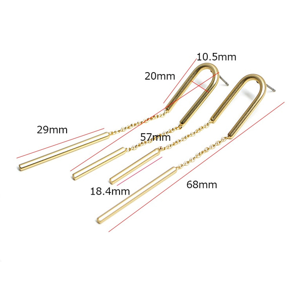 新作【1ペア】左右＆チタン芯！チェーンに揺れるスティックのマッドゴールドピアス、パーツ 5枚目の画像