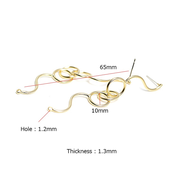 新作【1ペア】SV925芯！揺れるロングウェイブの約65mmマットゴールドピアス、パーツ 3枚目の画像