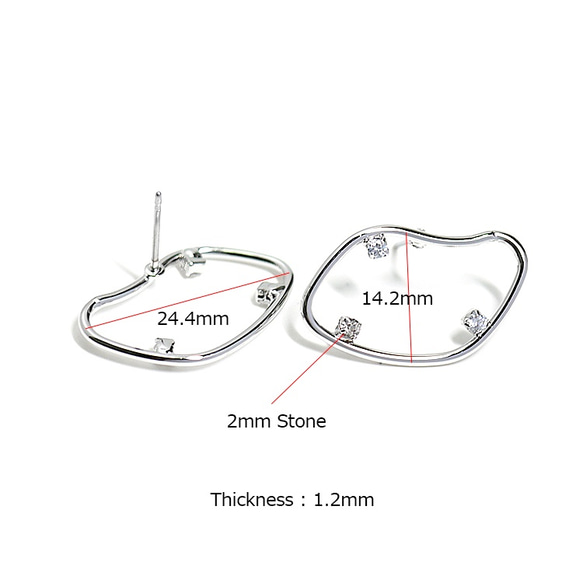 新作【1ペア】チタン芯！不規則な形に煌く3粒のストーン付き光沢シルバーピアス、パーツ 3枚目の画像