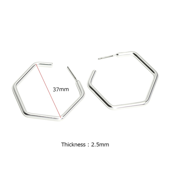 新作【1ペア】チタン芯！光沢マットシルバー大ぶり約37mm六角形ピアス、パーツ 3枚目の画像