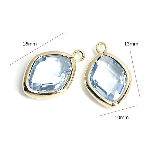 全新[2件]淺藍寶石色玻璃16毫米鑽石形狀金色魅力 第3張的照片