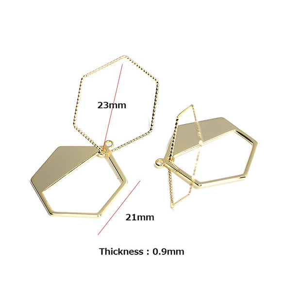 新作【2個入り】立体的＆動くDouble Hexagonモチーフゴールドチャーム、パーツ 4枚目の画像