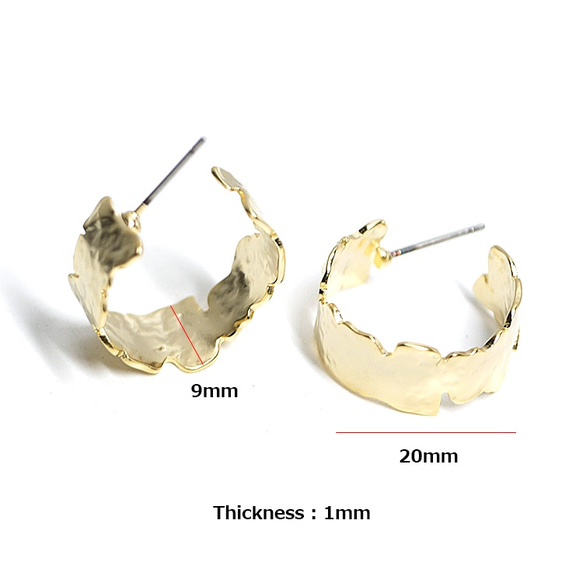 再販【1ペア】チタン芯！約20mm手作り感あるデザインのマットゴールドフープピアス、パーツ 3枚目の画像