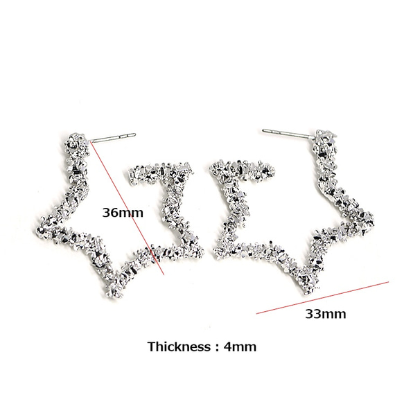新作【1ペア】チタン芯！キラキラ輝く約36mmスターモチーフシルバーフープピアス、パーツ 3枚目の画像