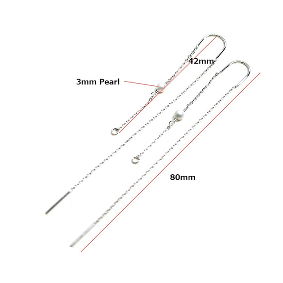 新款[1對]珍珠銀鉤形耳環約80毫米精緻鏈 第4張的照片