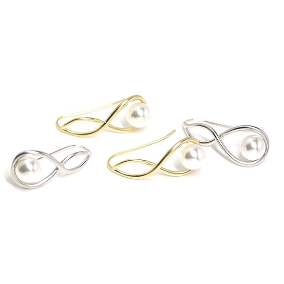 新款[1對]流動扭紋珍珠亞光銀鉤形耳環，零件 第5張的照片