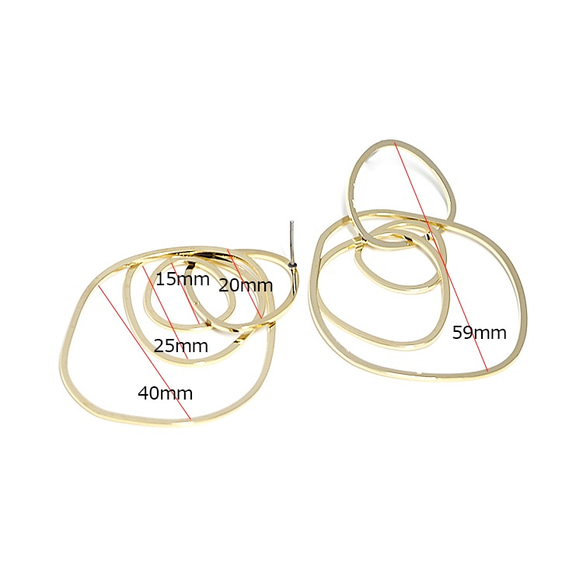 新[1對]不規則超大！約59毫米四環光澤金耳環，零件 第4張的照片