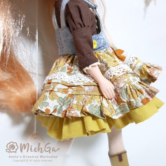 [咩MiehGa角]手作娃衣＊單寧牛仔蛋糕雙層裙-秋黃款 第4張的照片