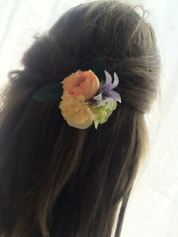 春のおでかけ ハンドメイド2016*薔薇いっぱいのヘアゴム（グリーン＆イエロー）*フラ 3枚目の画像