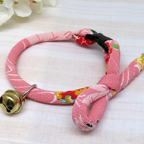 和柄ちりめん紐☆猫用首輪（桃）：お祭り鈴付き リード・首輪 こはくや