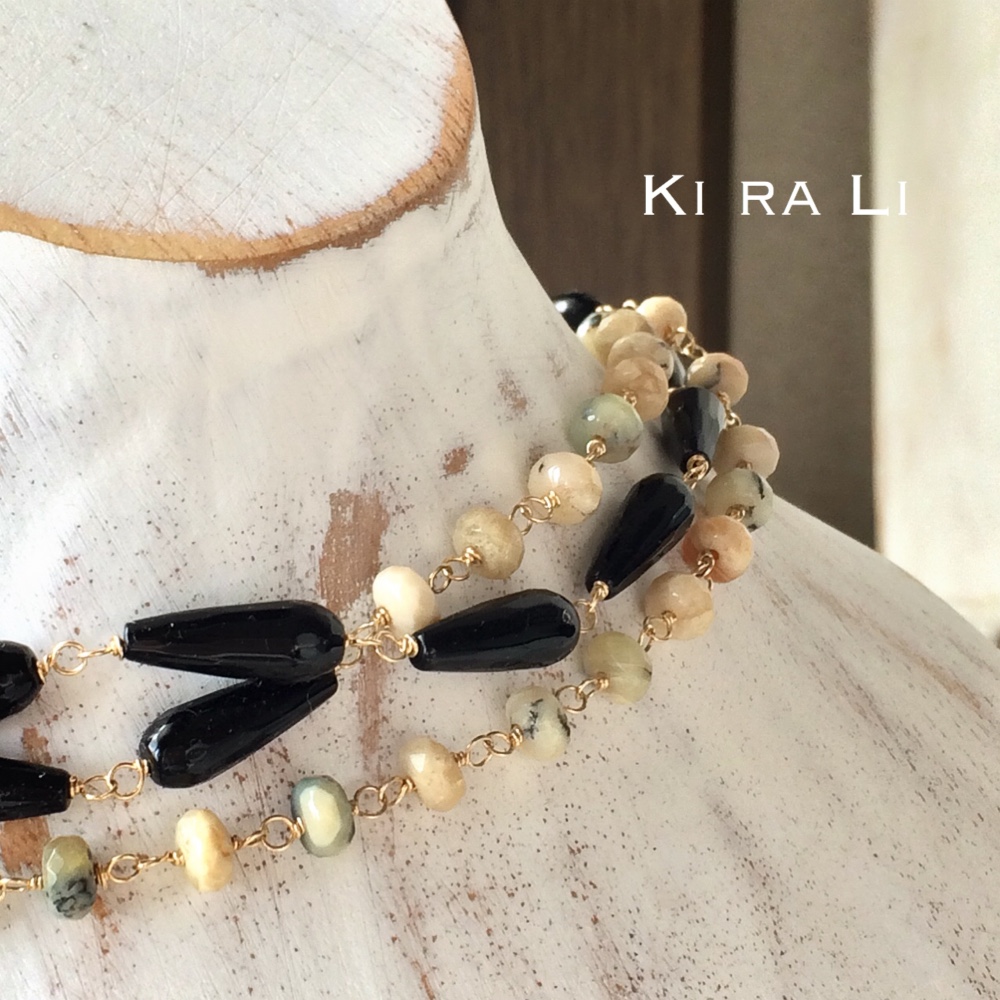 受注製作　１４KGF　オニキスとアフリカンオパールのロングネックレス