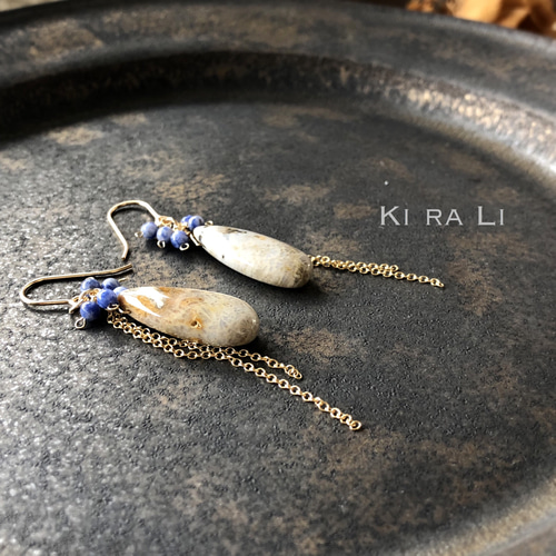 14kgf》フォシルコーラルとカラーオパールのピアス 天然石☆超大粒