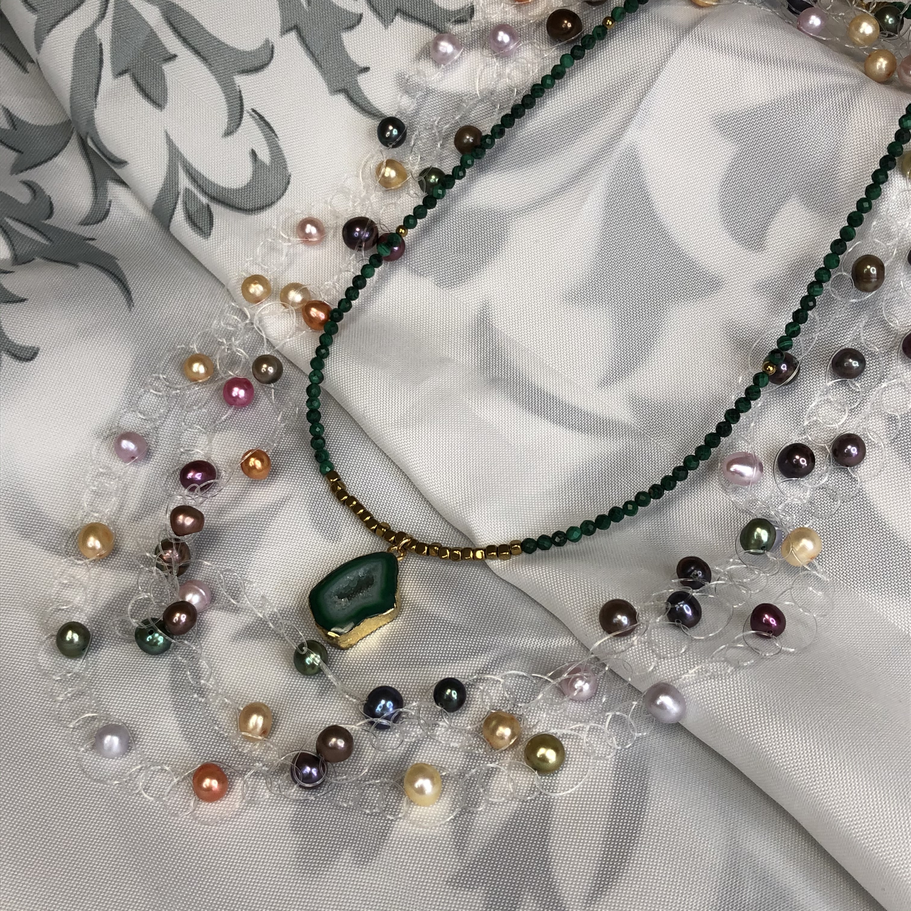 【セットネックレス】あみあみ淡水パールとマラカイトにドゥルージーのネックレス