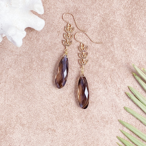 天然石雫型スモーキークォーツのシンプルピアス 14kgf