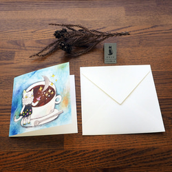 グリーティングカード／『月と珈琲-銀猫と水連鳥』 2枚目の画像