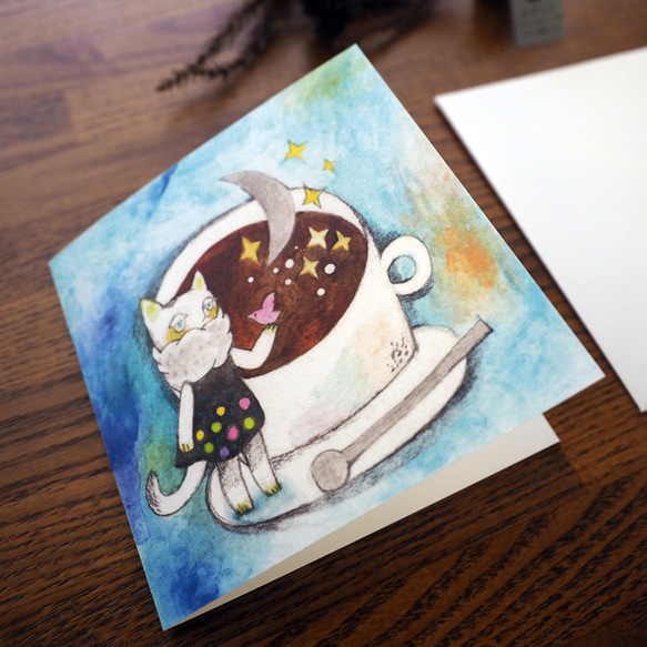 グリーティングカード／『月と珈琲-銀猫と水連鳥』 3枚目の画像
