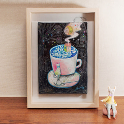 油彩原画『月と珈琲-シロハナ』 額装品 1枚目の画像