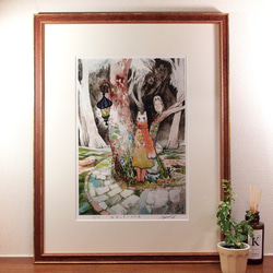 『旅猫と星とふくろう森』デジタル絵画 (ジークレー) 額装品 1枚目の画像