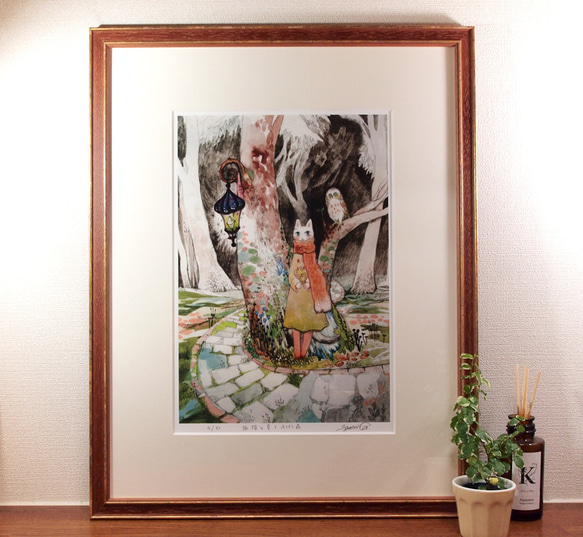 『旅猫と星とふくろう森』デジタル絵画 (ジークレー) 額装品 1枚目の画像