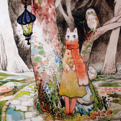 『旅猫と星とふくろう森』デジタル絵画 (ジークレー) 額装品 3枚目の画像