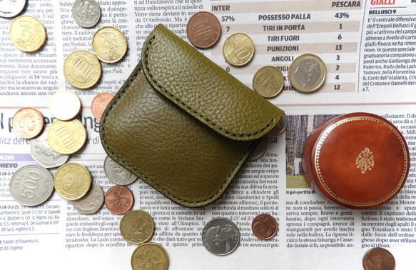 イタリア革のコインケース/小銭入れ／オリーブ 1枚目の画像