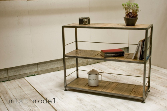 □アイアン角パイプ＆古材シェルフ□ W900×D340×H740 棚・シェルフ