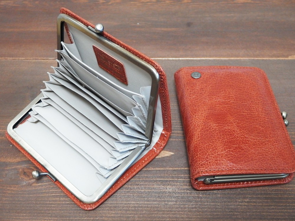 キャッシュレス対応☆オレンジ☆ジャバラ・ガマグチ財布☆山羊革☆レディース☆メンズ☆カードケース☆蛇腹☆アコーディオンタイ