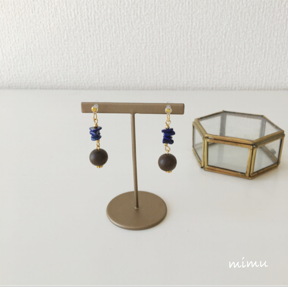 【9月誕生石】ラピスラズリ×wood earring [ノンホールピアス･ピアス] 2枚目の画像