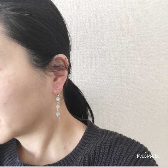 【3月誕生石】14kgf 3連アクアマリン×chain earring 4枚目の画像