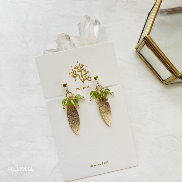 【8月誕生石】14kgfペリドット×stardust leaf earring[ノンホールピアス・ピアス] 1枚目の画像