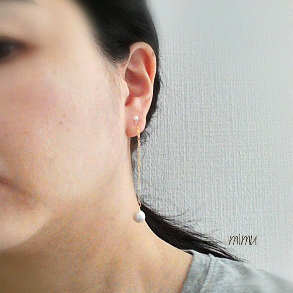 14kgf一粒cotton pearl chain earring[ノンホールピアス･ピアス] 3枚目の画像