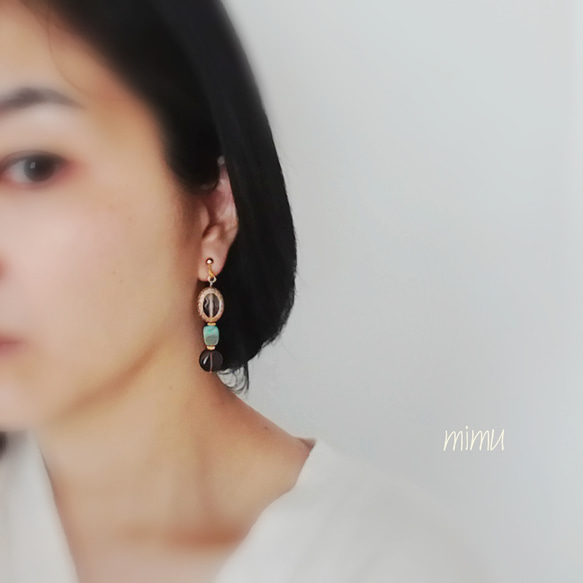 (再販)clear×turquoise×smoky quartz earring[ノンホールピアス] 3枚目の画像