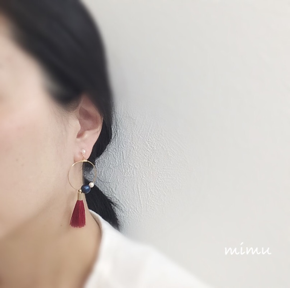 cream×navy×red tassel earring[ノンホールピアス･ピアス] 3枚目の画像