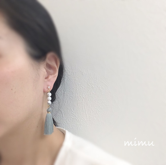 ハウライト×light gray tassel earring[ノンホールピアス･ピアス] 3枚目の画像