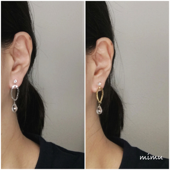 [2色展開]ゴールド・シルバーチェコガラス×oval wave earring[ノンホールピアス・ピアス] 6枚目の画像