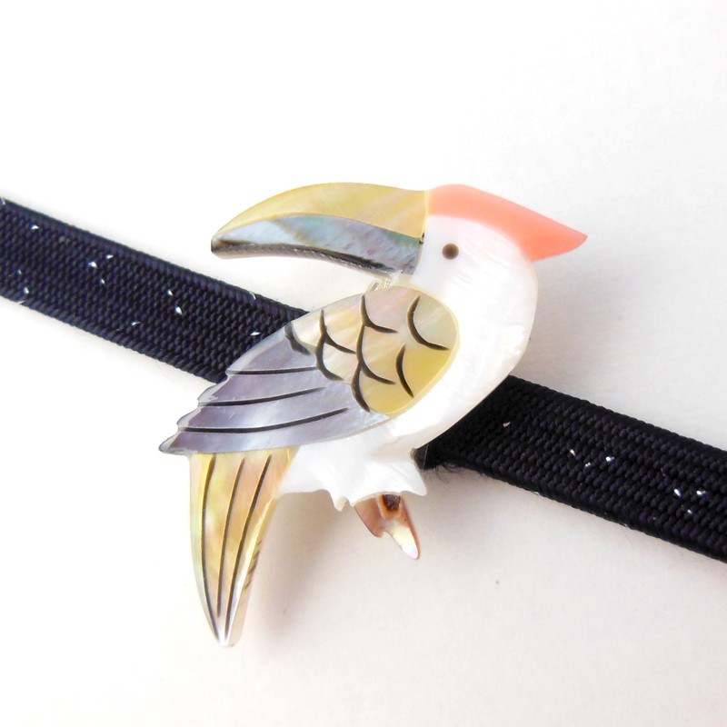 螺鈿細工 天然 白蝶貝＆レインボーアバロンシェル トロピカルバード 帯留め