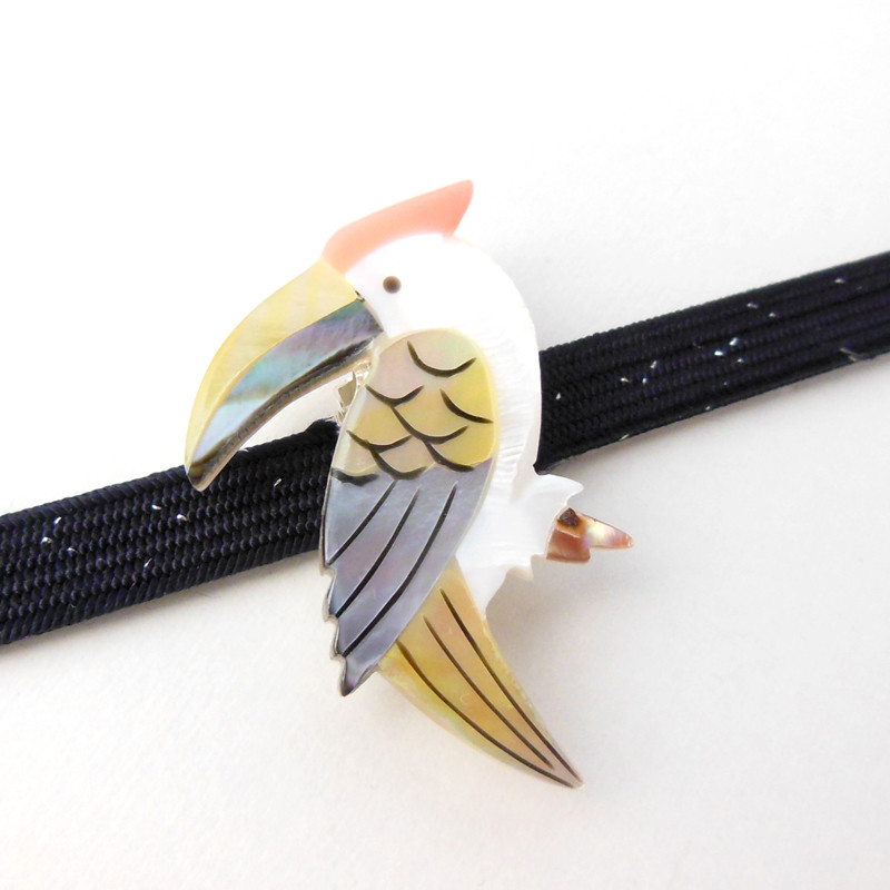 螺鈿細工 天然 白蝶貝＆レインボーアバロンシェル トロピカルバード 帯留め