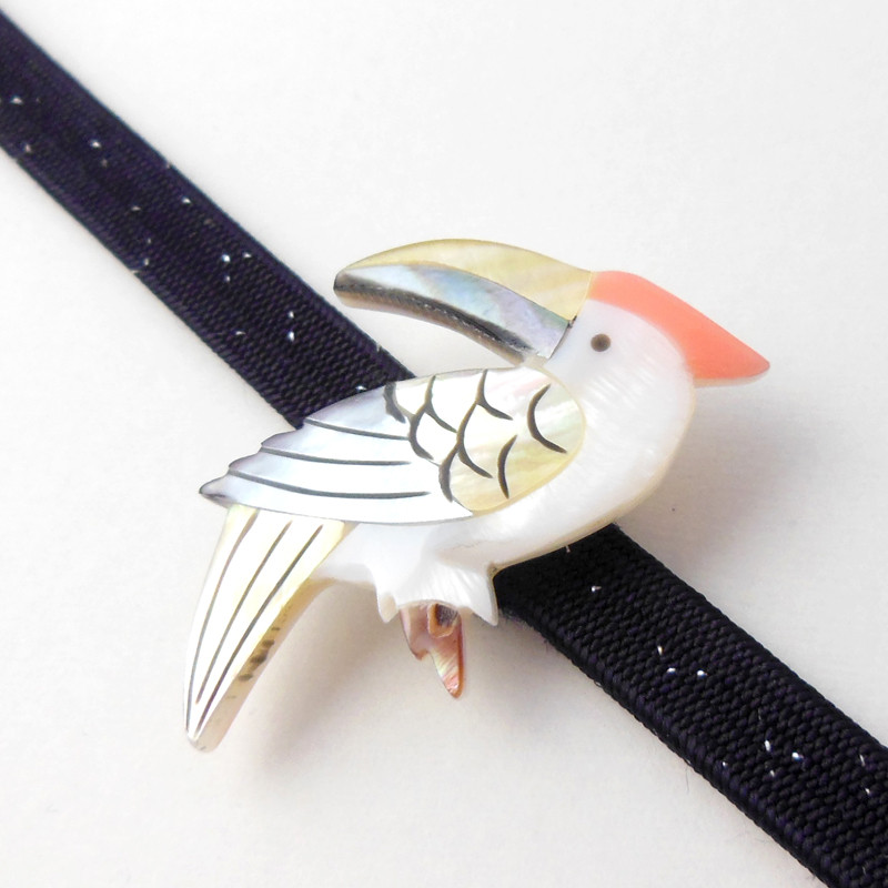 螺鈿細工 天然 白蝶貝＆レインボーアバロンシェル トロピカルバード 帯留め