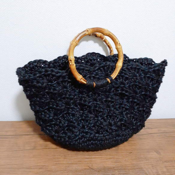 あさひもバッグ 松編み黒 バンブーハンドル かごバッグ hana-happy