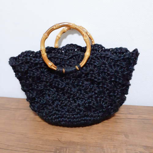 あさひもバッグ 松編み黒 バンブーハンドル かごバッグ hana-happy