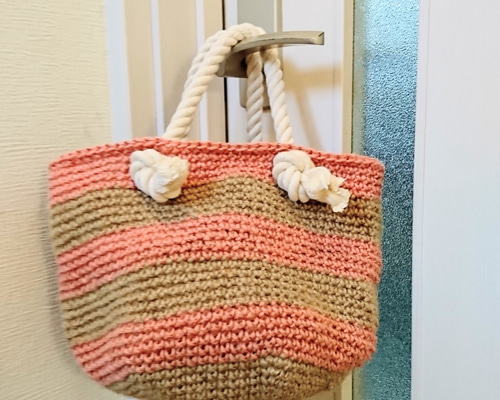 ハンドメイド エコバッグ がめっ ツイード生地×麻 ピンク 持ち