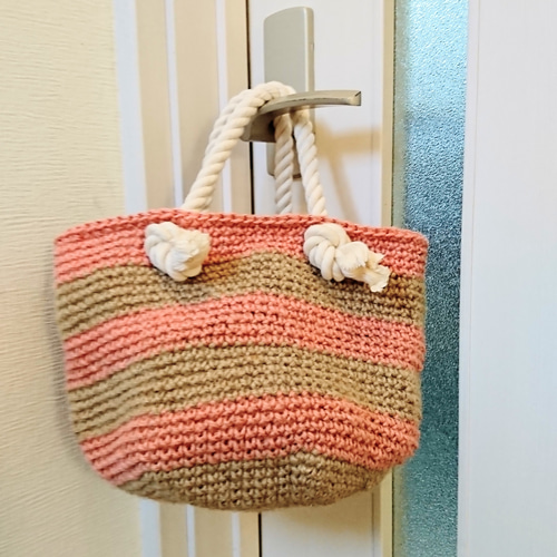麻紐バッグナチュラル×ピンクボーダーマリンテイストロープ持ち手 かご