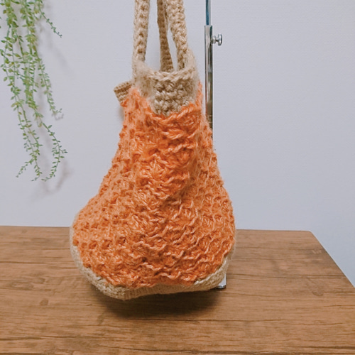カラー麻紐バッグ 模様編みバッグ 松編みバッグ オレンジ ツートン