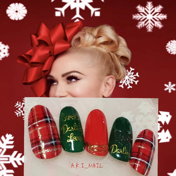 ネイルチップ No455ジェルネイルチップ☆付け爪~赤タータンチェック×カーキ ネイル
