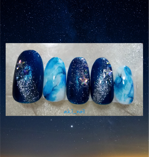 No538/ジェルネイルチップ☆付け爪☆夜空☆ブルー大理石柄×マグネット
