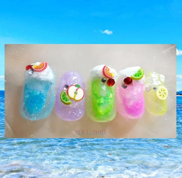 No577/ジェルネイルチップ☆付け爪~3Dクリームソーダ×クリアラメ☆フルーツ 1枚目の画像