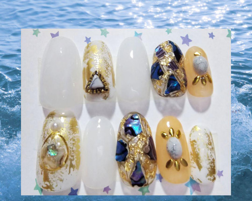 ばるネイルチップ No579/ジェルネイルチップ☆付け爪~シアーホワイト×ブルーシェル